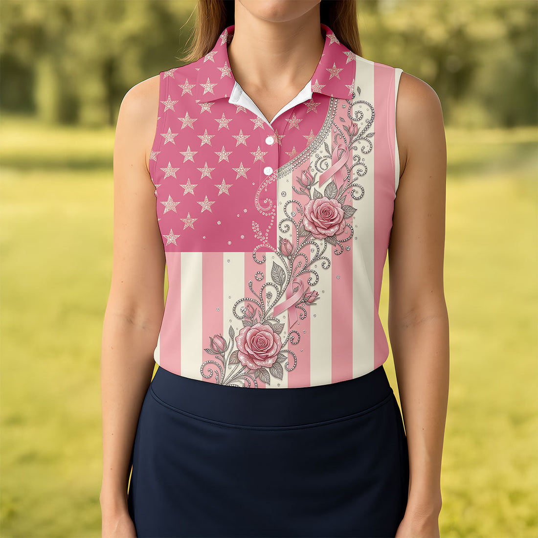 Pink Stars Stripes Rose Breast Cancer Polo Shirt, Women’s Golf Polo, Ladies Golf Shirts