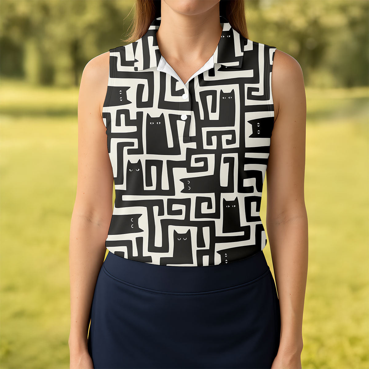 Minimalist Black Cat Maze Pattern Golf Polo Shirt, Women's Golf Tops, Golf Polo For Women