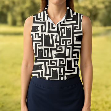 Minimalist Black Cat Maze Pattern Golf Polo Shirt, Women's Golf Tops, Golf Polo For Women