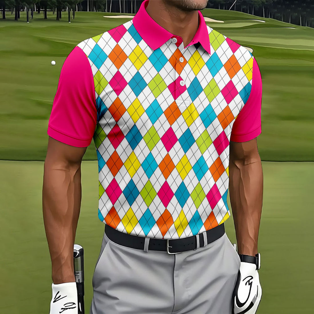 Pink Sleeve Colorful Argyle Plaid Golf Shirt, Mens Golf Polo, Printed Golf Shirts