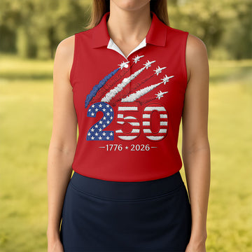 Flying Fighter Jets Faith Cross Patriotic 4th Of July Red Golf Shirt, 250 Years Golf Shirt For Women