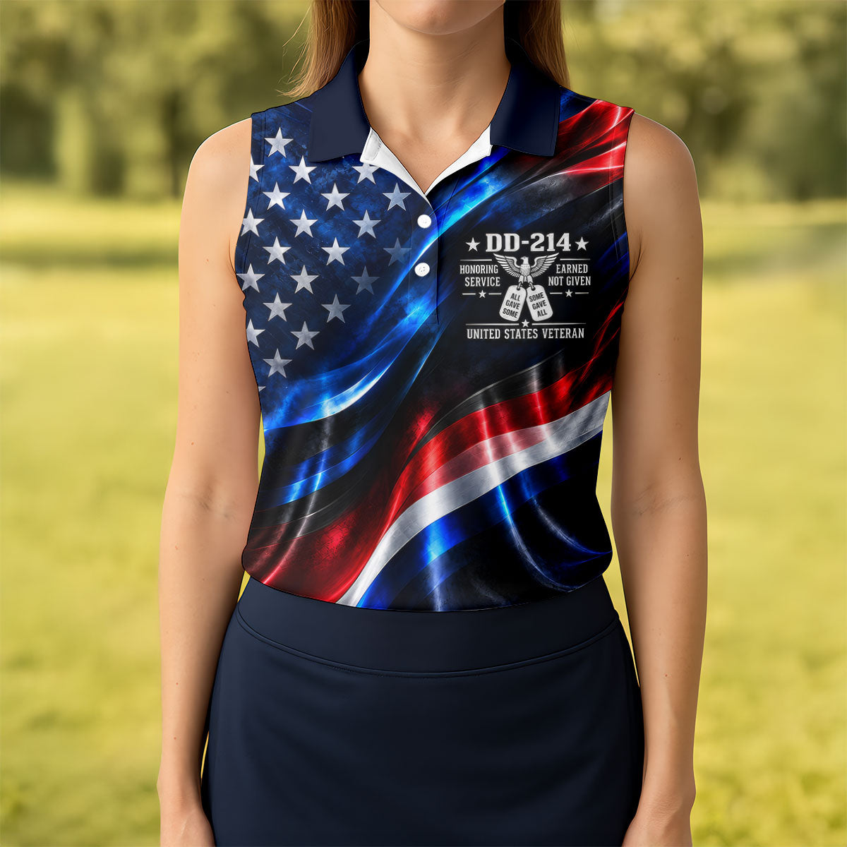 DD-214 Metallic USA Flag Golf Polo Shirt, Veterans Day Shirt, Golf Tops For Women