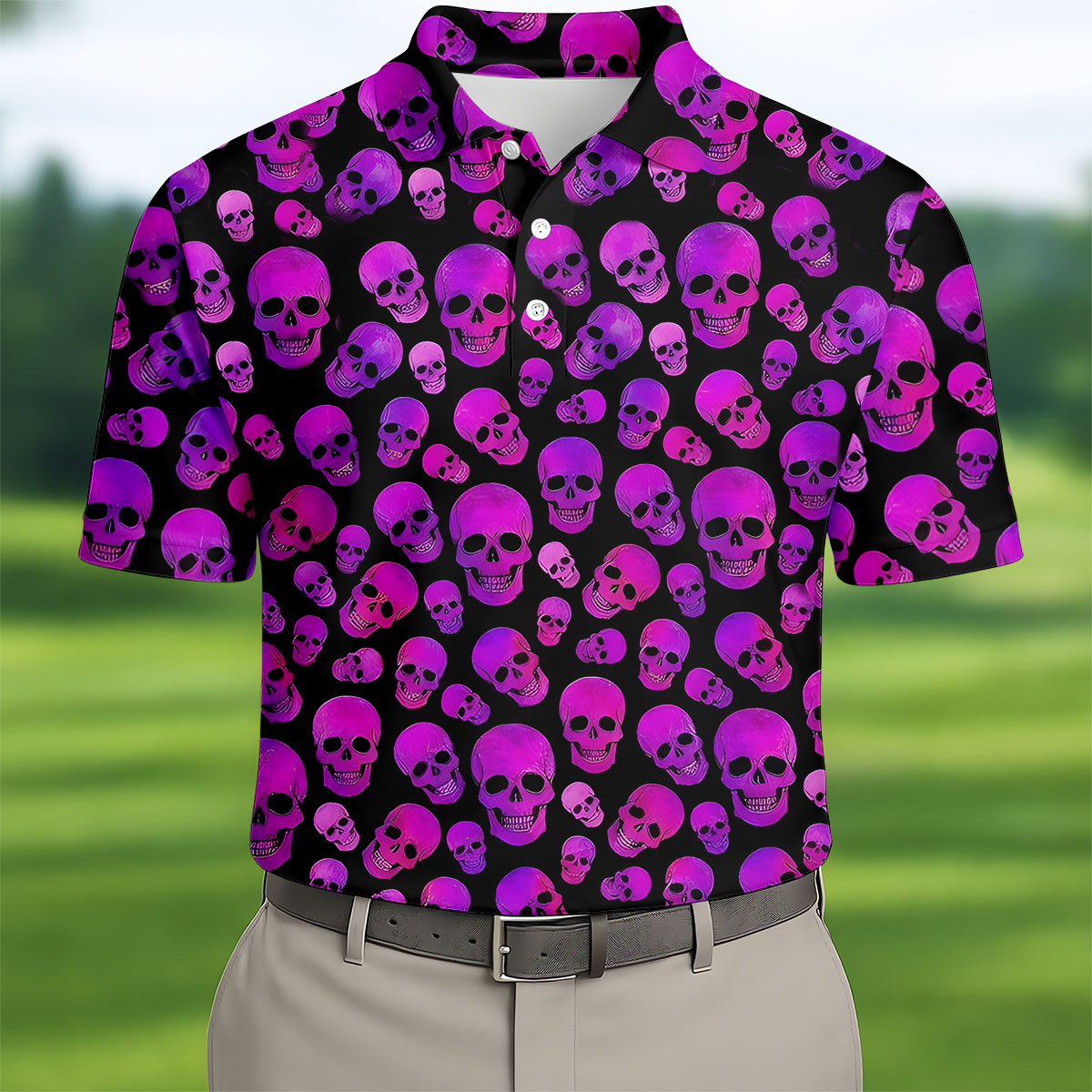 Purple Skull Gothic Pattern Hawaiian Golf Shirt, Mens Golf Polo, Printed Golf Shirts