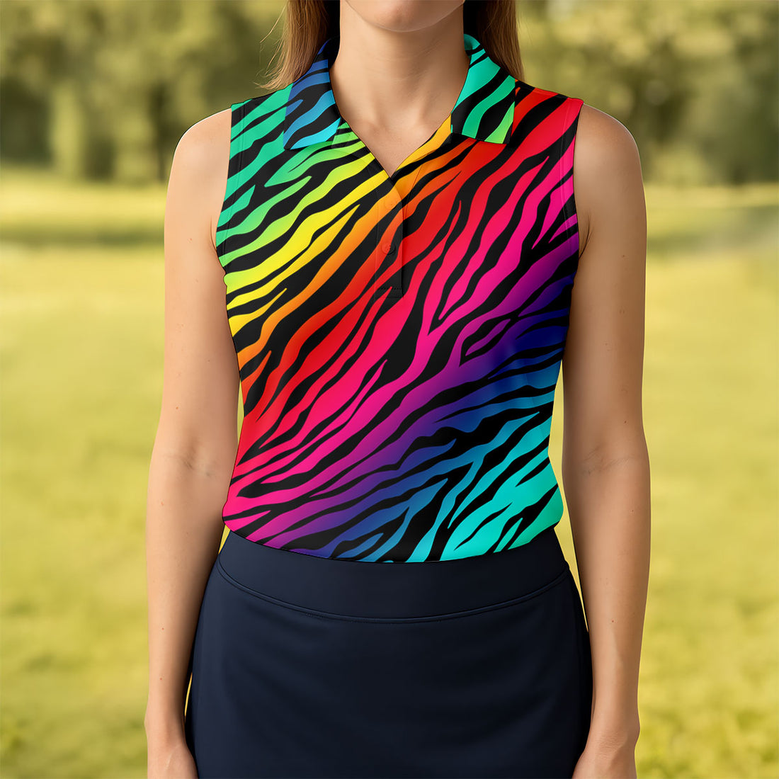 Rainbow Gradient LGBT Support Zebra Pattern Ladies Golf Tops, Pride Month Golf Shirt For Women