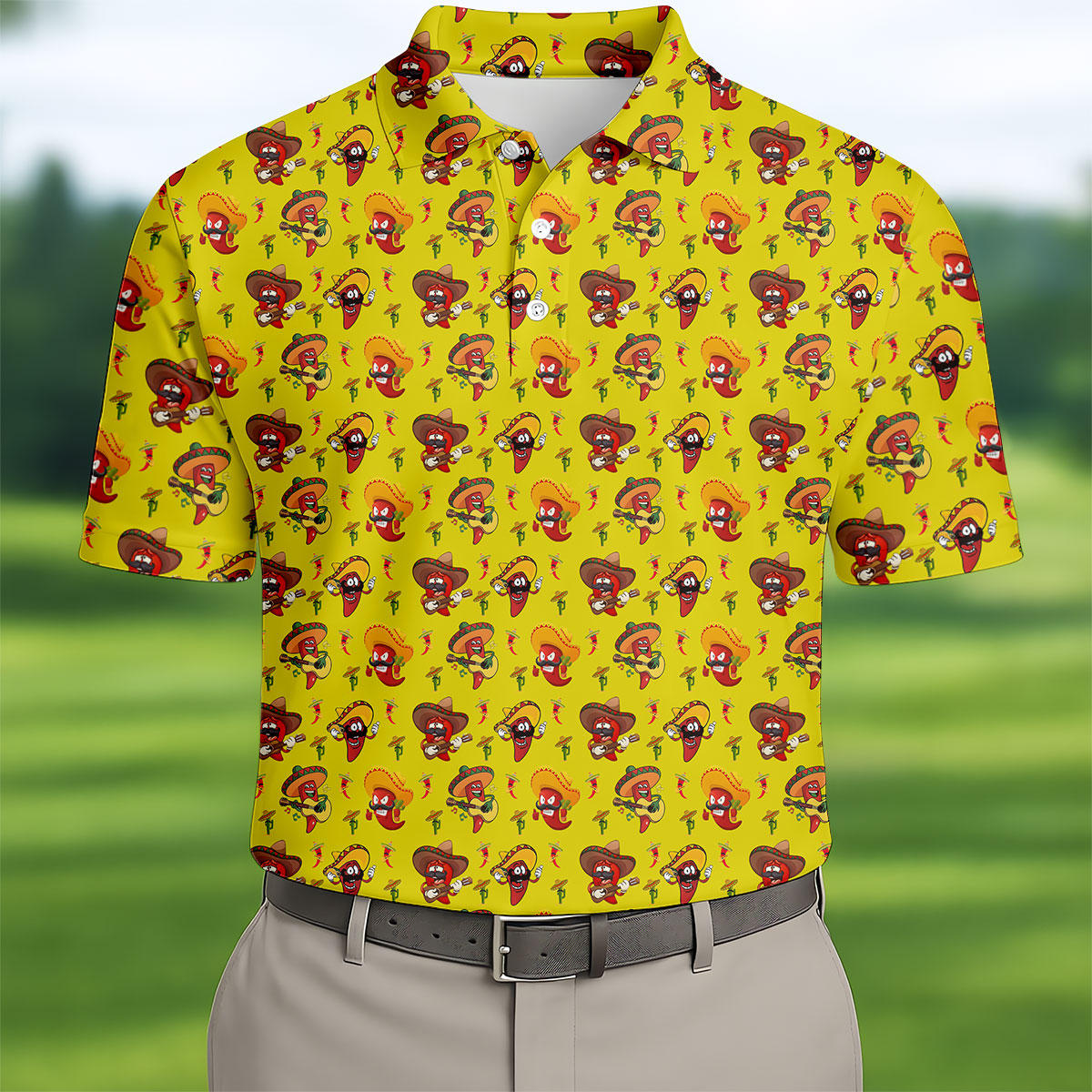 Cartoon Chili Pepper Mexican Sombrero Cinco De Mayo Celebration Fiesta Themed Golf Shirts For Men