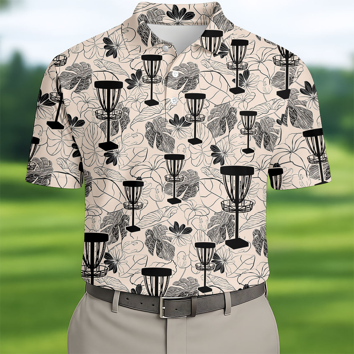 Minimalist Botanical Disc Golf Polo Shirt, Mens Golf Polo, Golf Shirts For Men