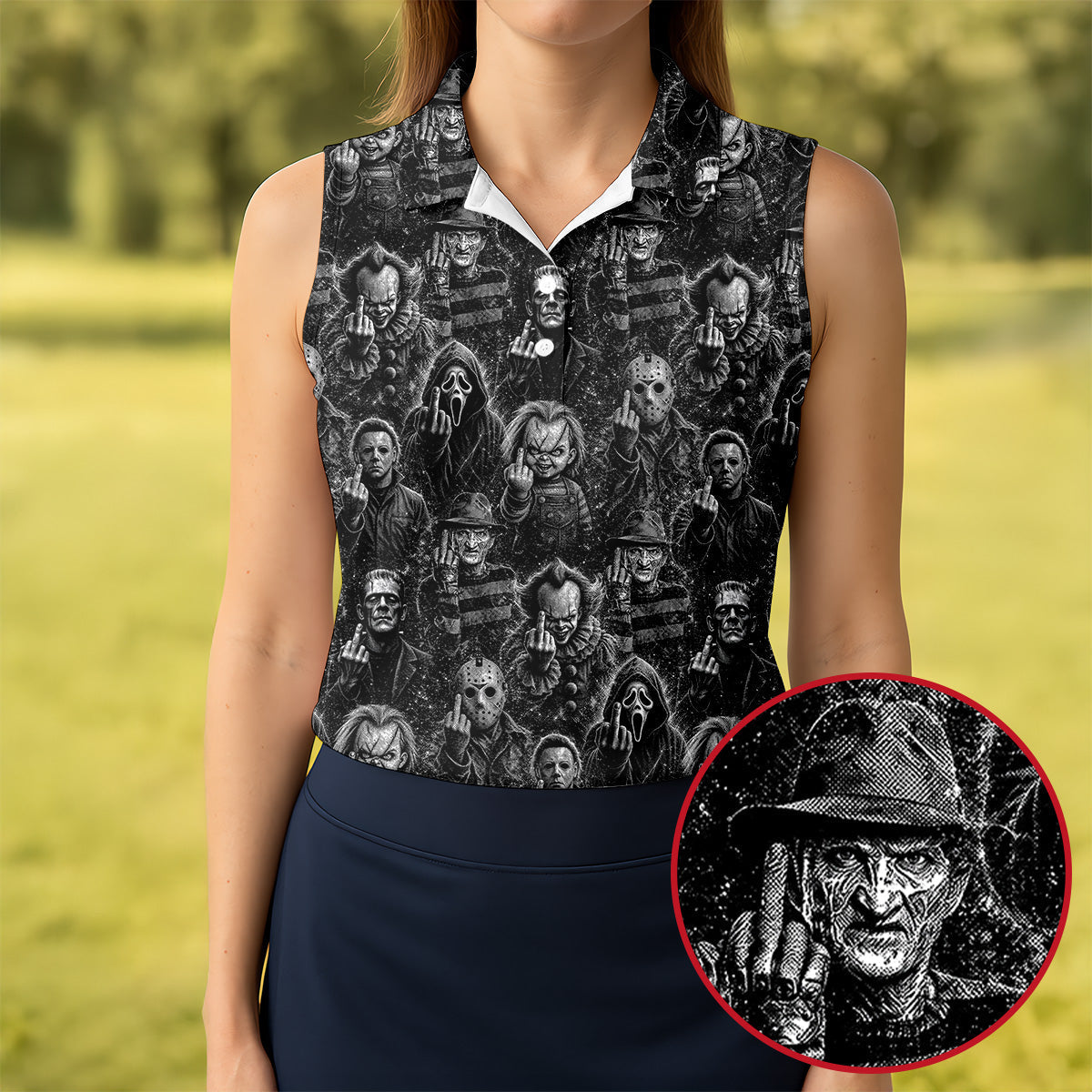 Horror Character Villains Pattern Golf Polo Shirt, Ladies Golf Tops, Golf Shirts For Women