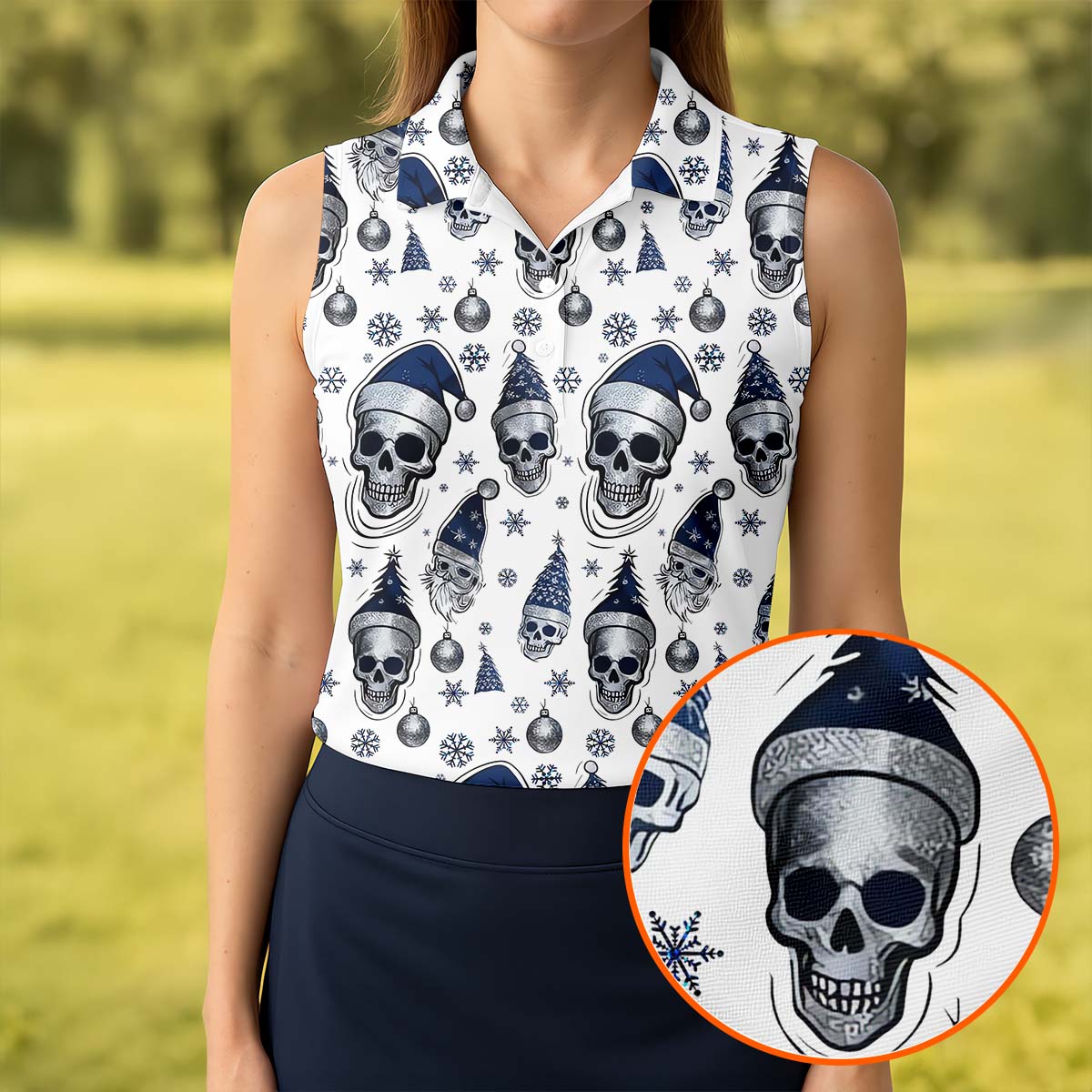Vintage Skull Christmas Golf Shirt, White Polo Women, Cool Golf Gift, Ladies Golf Shirts, Golfing Apparel