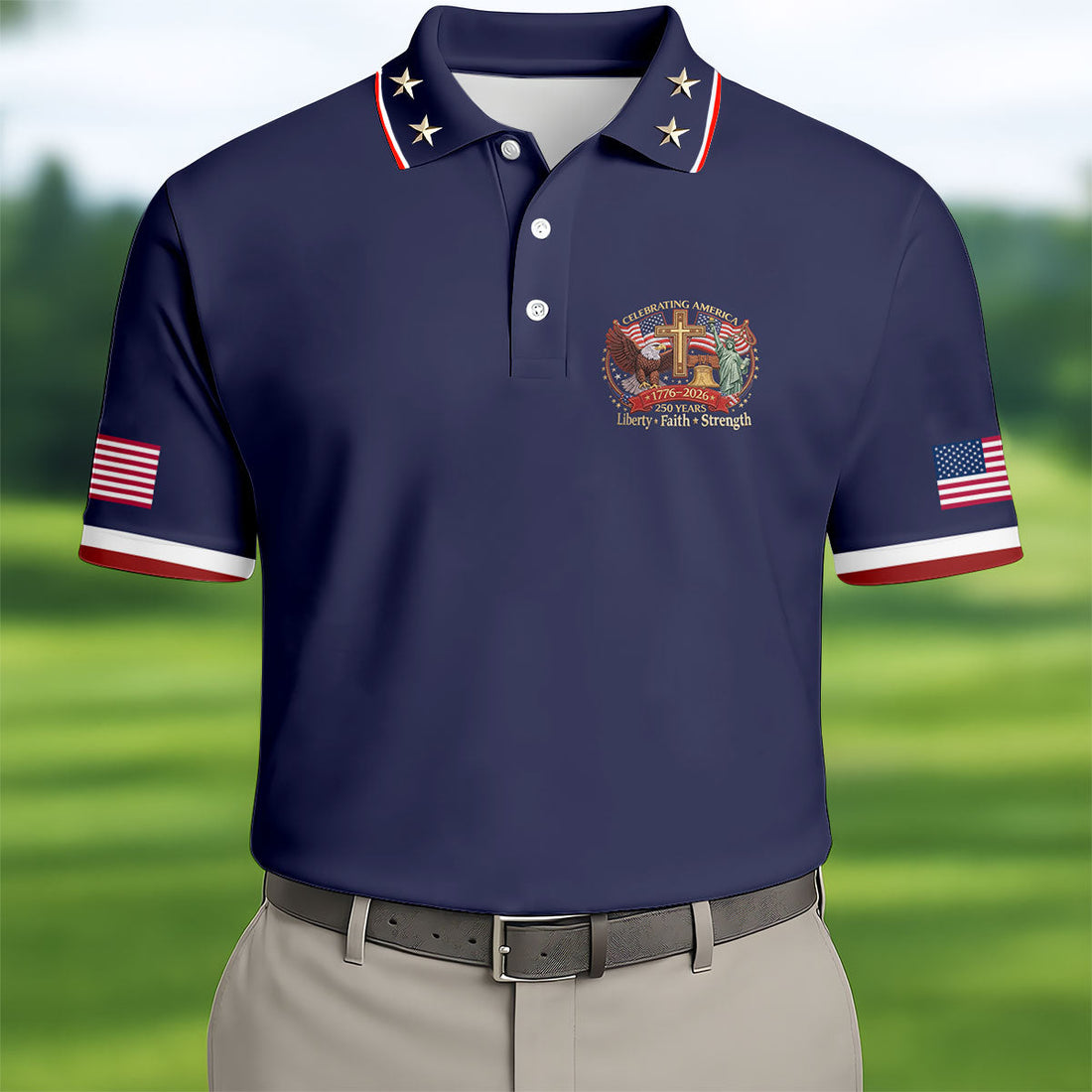 Liberty Faith Strength Faith Cross USA 250 Navy Golf Shirt, 4th Of July Golf Shirts For Men