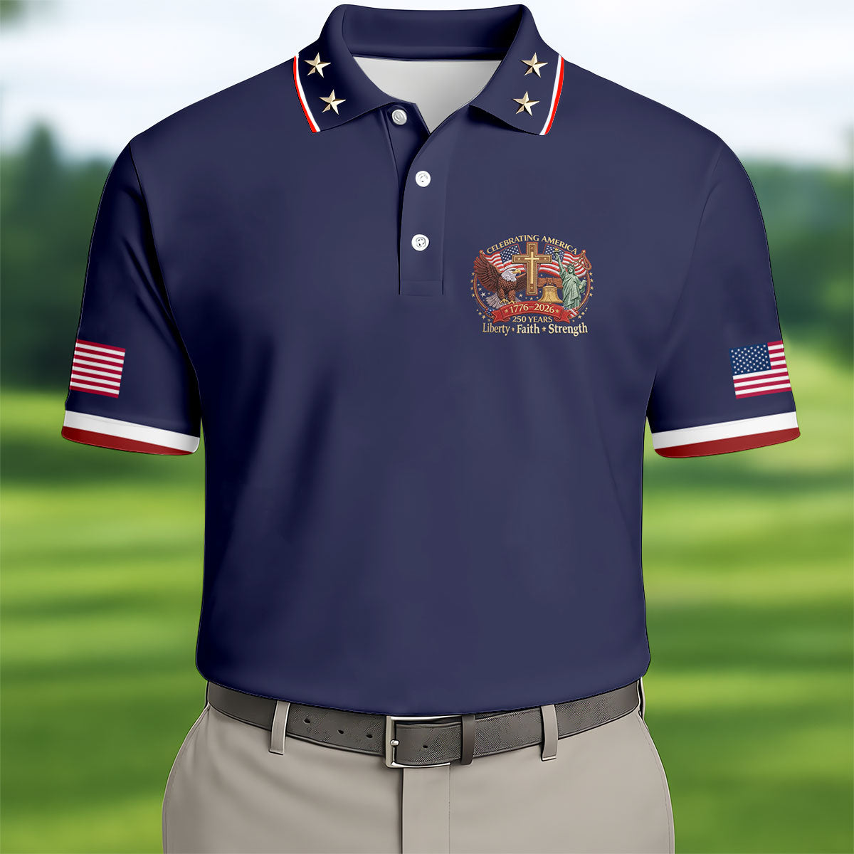 Liberty Faith Strength Faith Cross USA 250 Navy Golf Shirt, 4th Of July Golf Shirts For Men