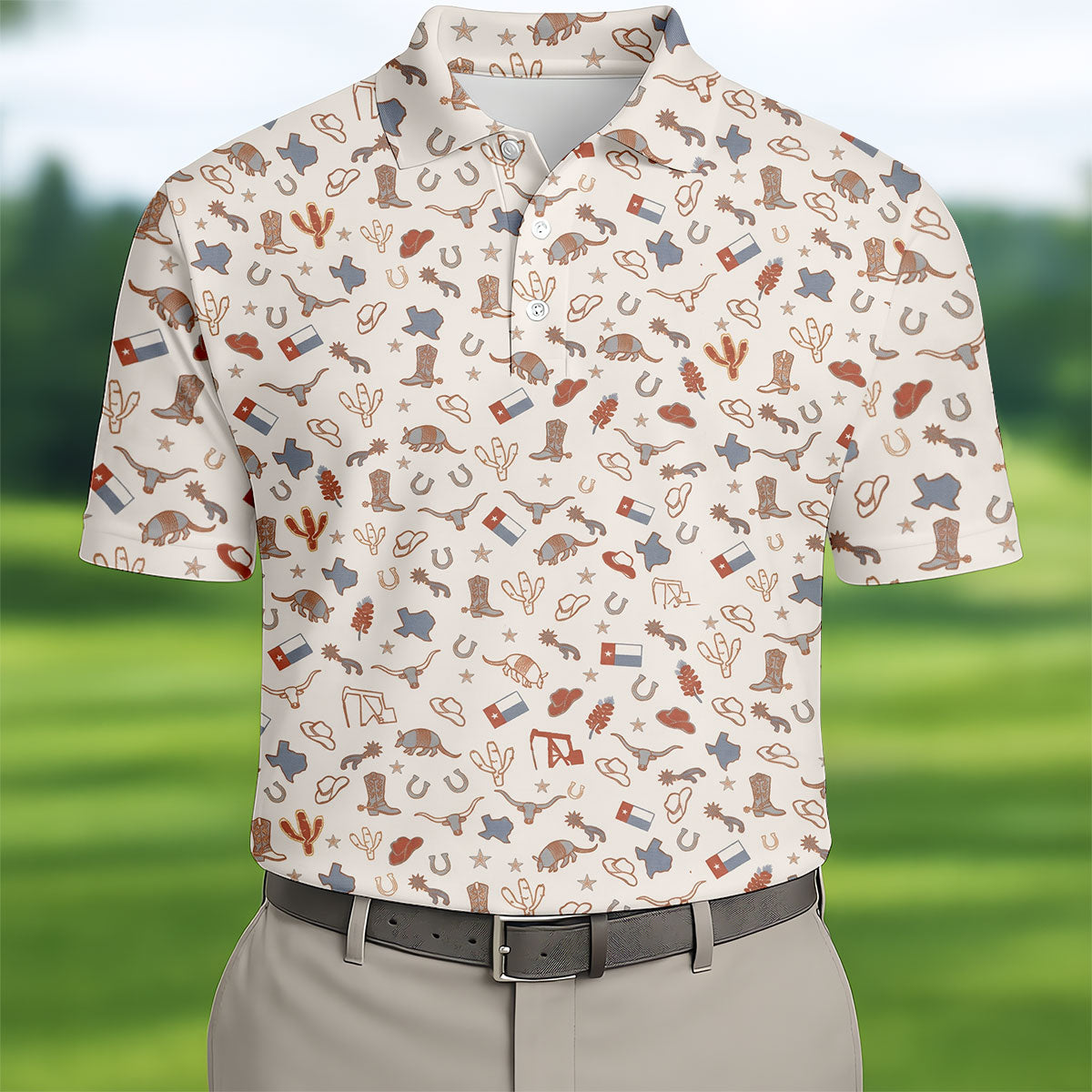 Beige Texas Cowboy Pattern Golf Polo Shirt, Hawaiian Golf Shirt, Golf Polo Shirts For Men