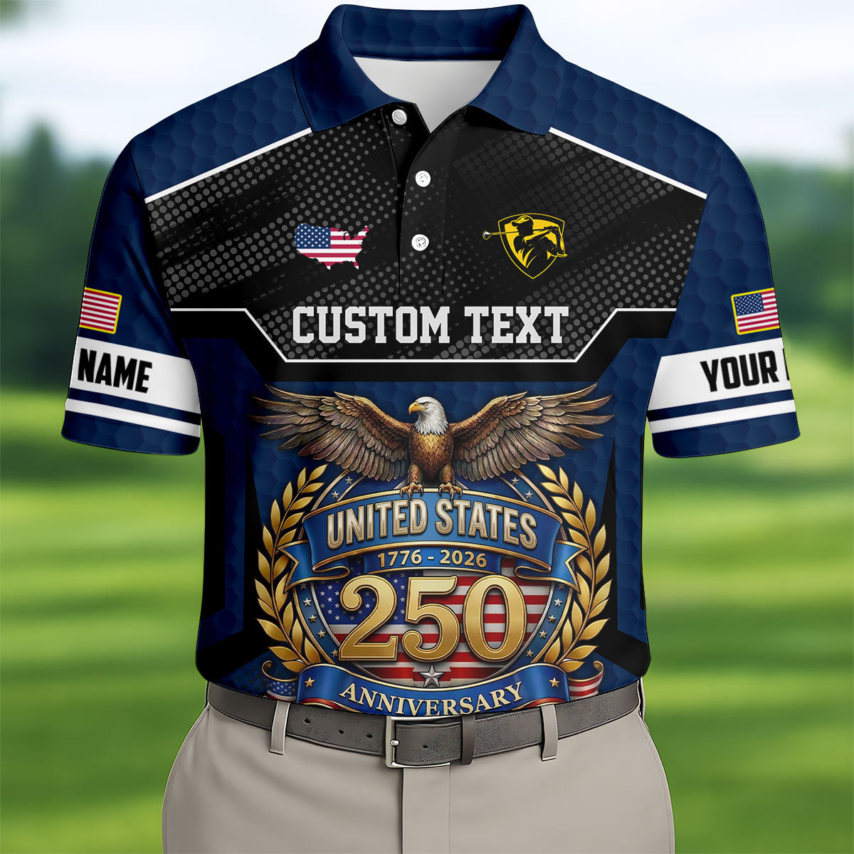 US 250 Anniversary Patriotic 4th Of July Navy Golf Shirt, Polo Shirts For Men, Golf Shirts For Men