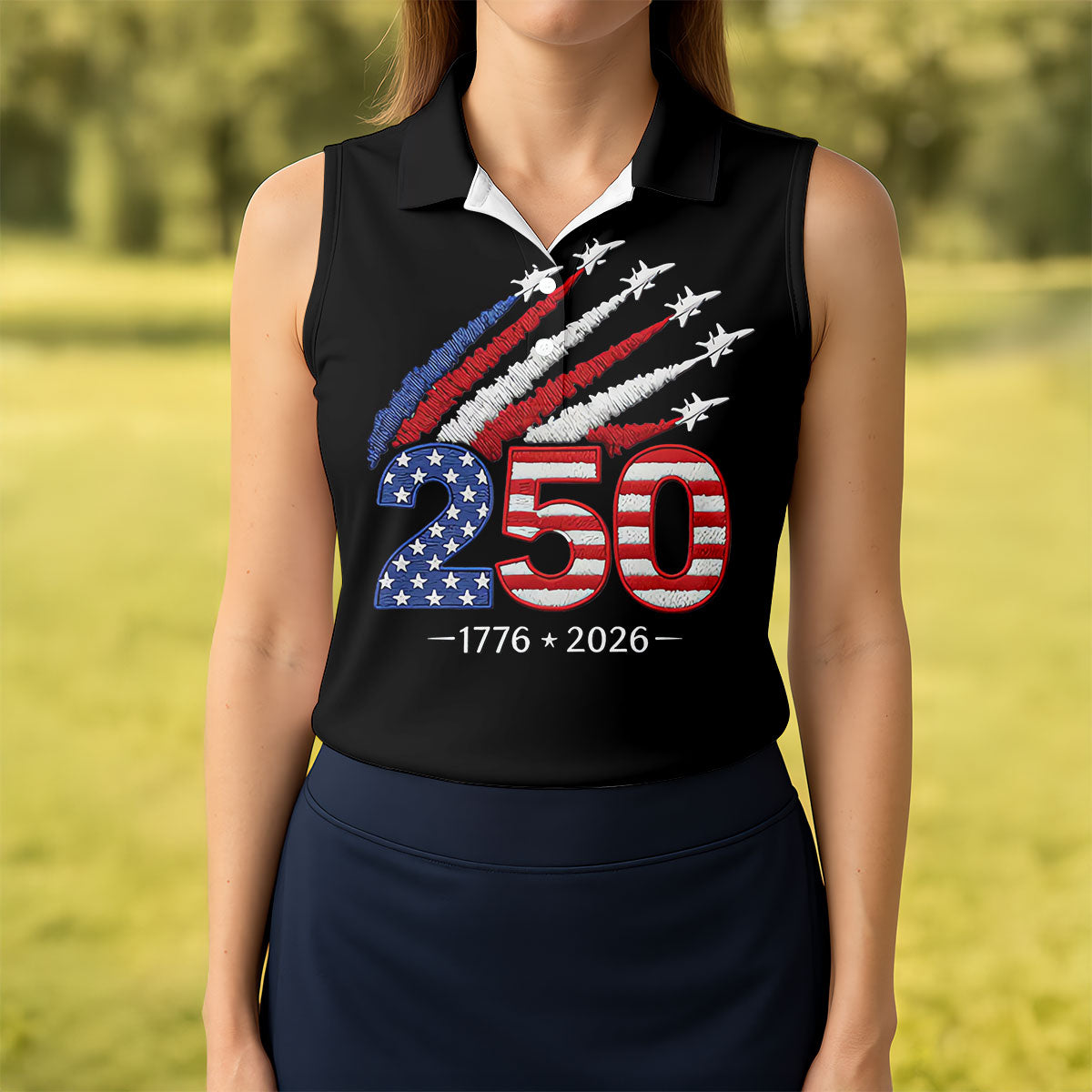 Flying Fighter Jets Faith Cross Patriotic 4th Of July Black Golf Shirt, 250 Years Golf Shirt For Women