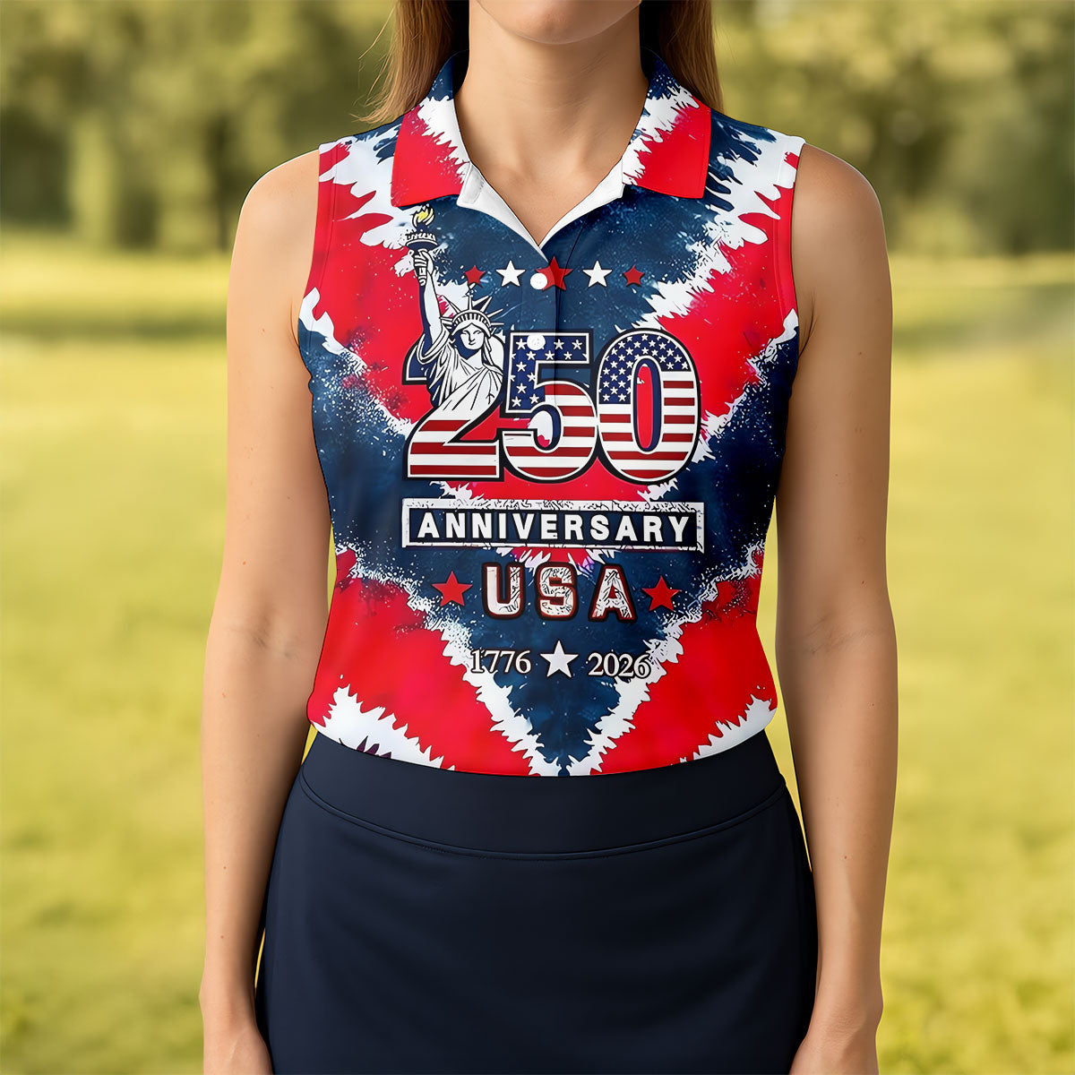 250th Anniversary Red White Blue Tie Dye Print Patriotic Golf Shirt, 4th Of July Golf Shirt For Women