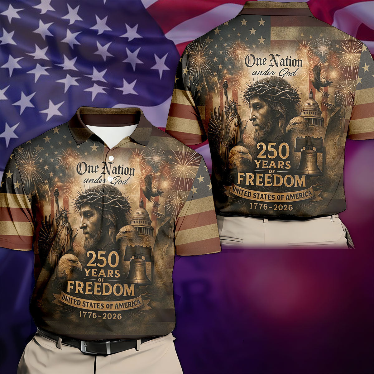 One Nation Under God America 250 Golf Polo Shirt, Hawaiian Golf Shirt, Golf Polo Shirts For Men