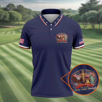 Liberty Faith Strength Faith Cross USA 250 Navy Golf Shirt, 4th Of July Golf Shirts For Men