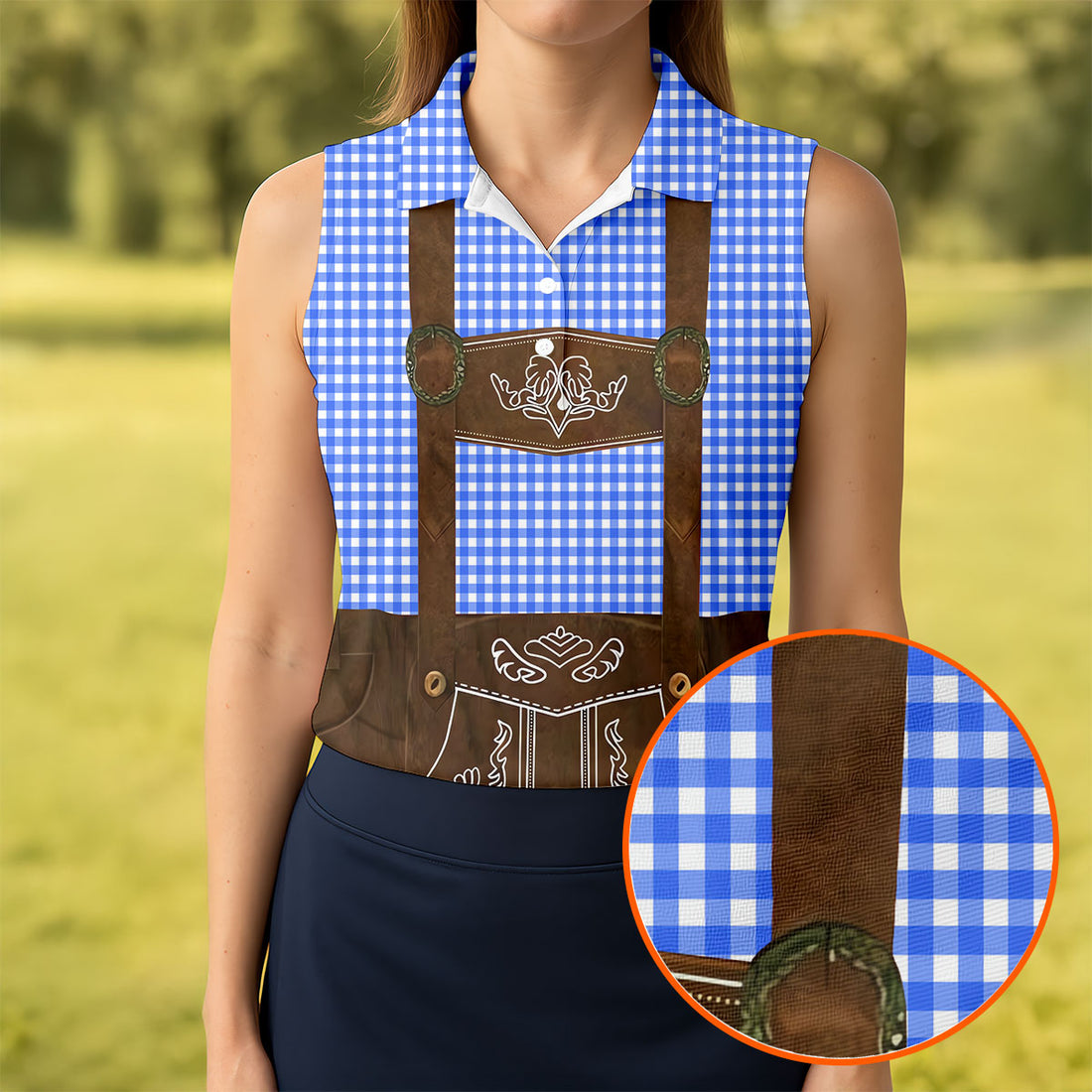 Women's Blue Oktoberfest Lederhosen Illusion Sleeveless Golf Polo, Women’s Golf Tops, Ladies Golf Shirts