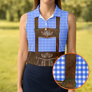 Women's Blue Oktoberfest Lederhosen Illusion Sleeveless Golf Polo, Women’s Golf Tops, Ladies Golf Shirts