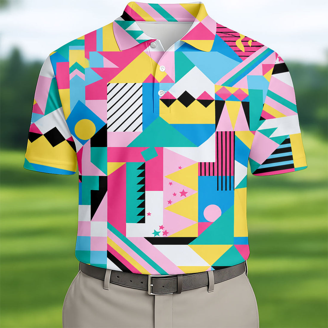 Memphis Pattern Golf Shirt, Retro 80s Geometric Color Block Design, Golf Shirt For Men