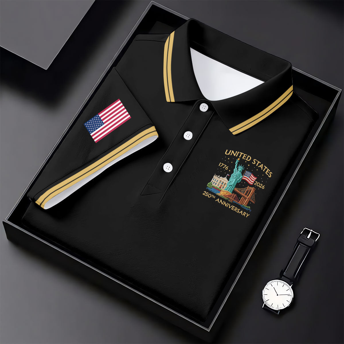 American Symbols Black Patriotic Golf Shirt, US 250 Years 4th Of July Golf Shirt For Women