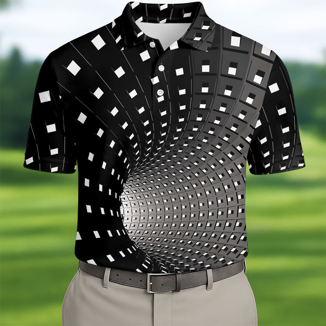 3D Vortex Golf Shirt, Black White Optical Illusion Tunnel Pattern, Golf Shirt For Men