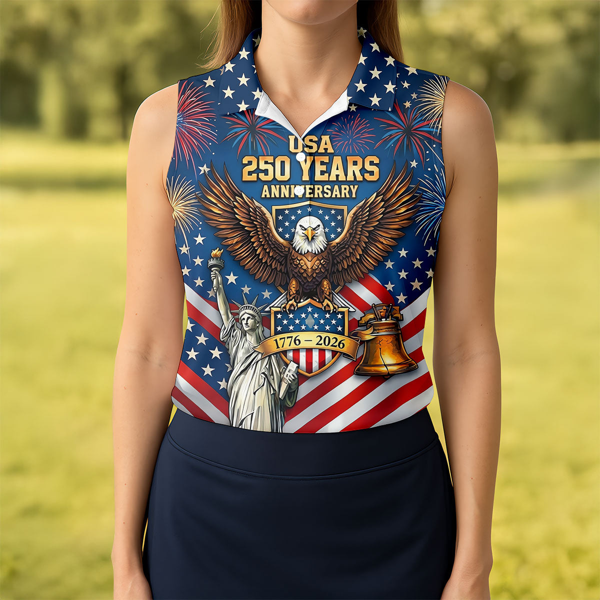 USA 250 Years Stars And Stripes Bald Eagle Golf Shirt, Patriotic 4th Of July Golf Shirt For Women