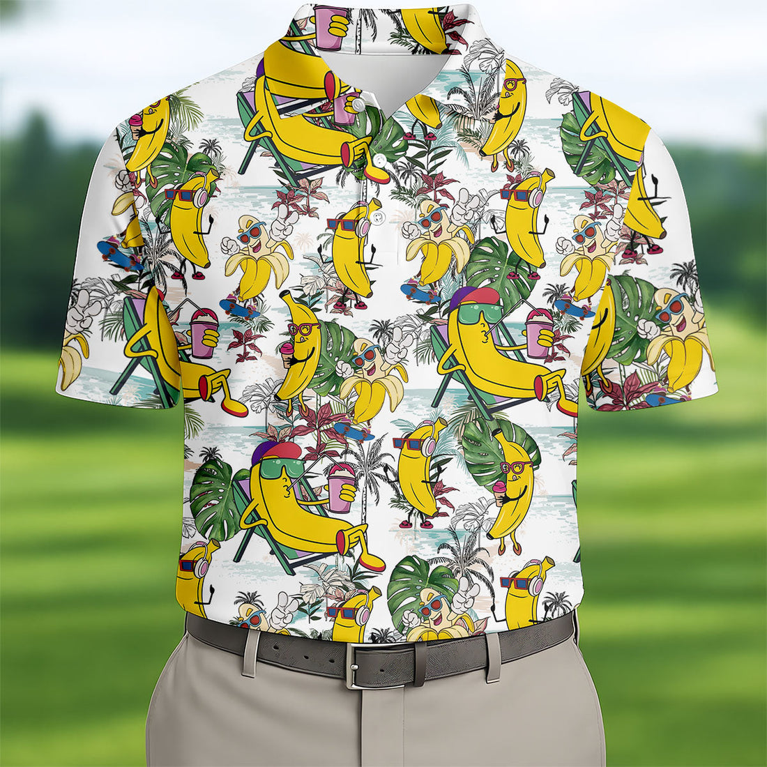 Cartoon Banana Characters On Tropical Island Hawaiian Golf Polo, Golf Tops For Men, Golfing Apparel