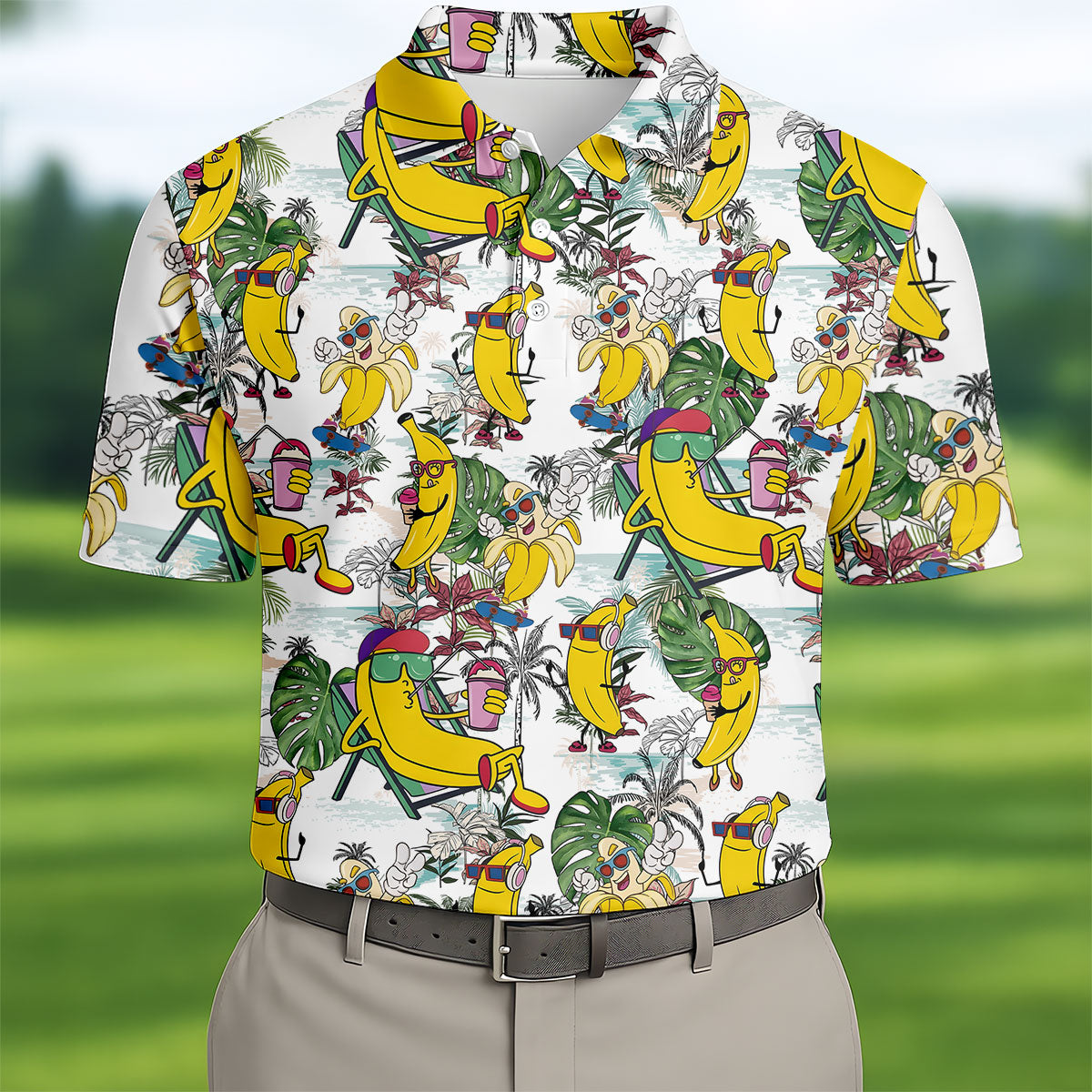 Cartoon Banana Characters On Tropical Island Hawaiian Golf Polo, Golf Tops For Men, Golfing Apparel