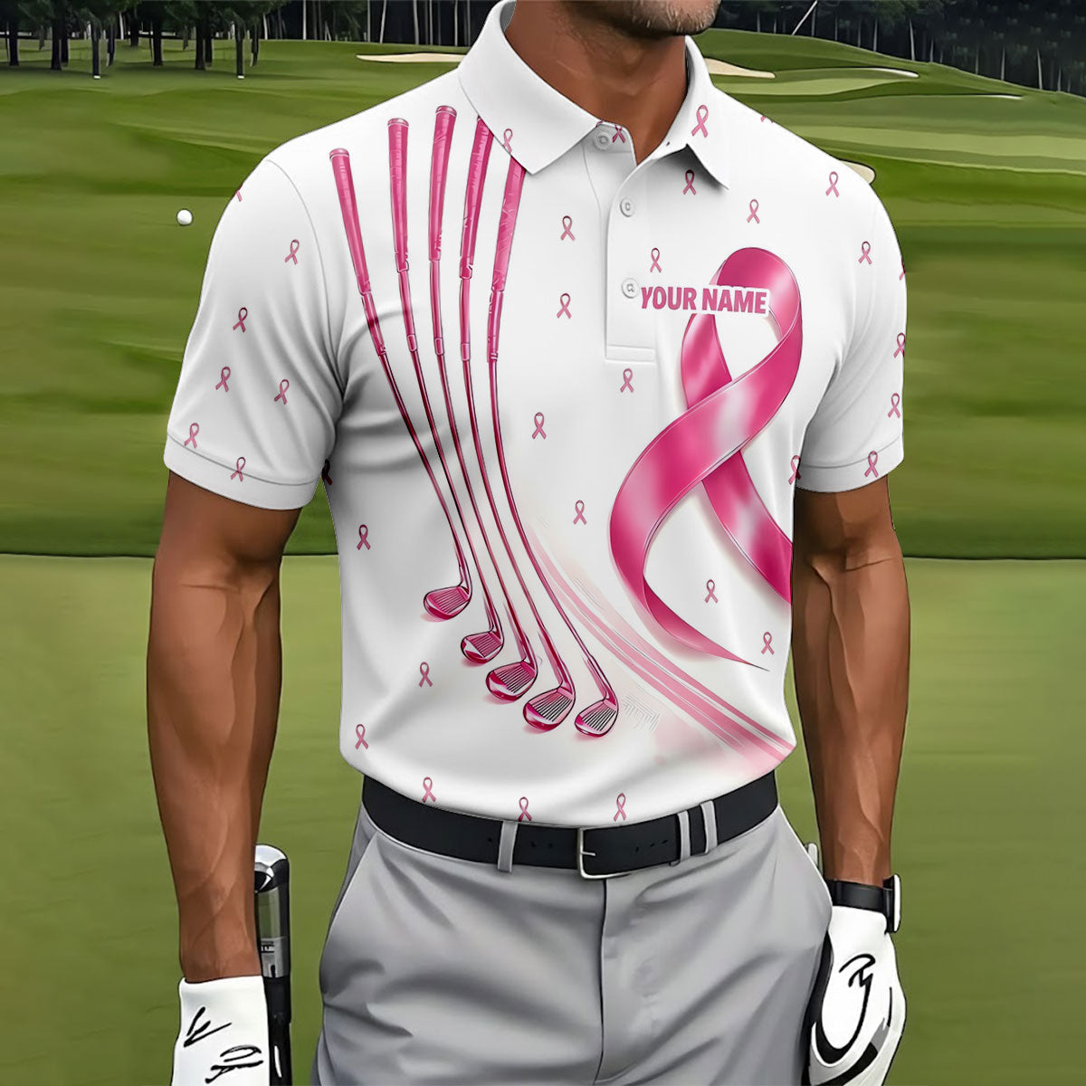 Support The Fighters Custom Pink Ribbon Golf Shirt, Polo Shirts For Men, Mens Golf Shirts