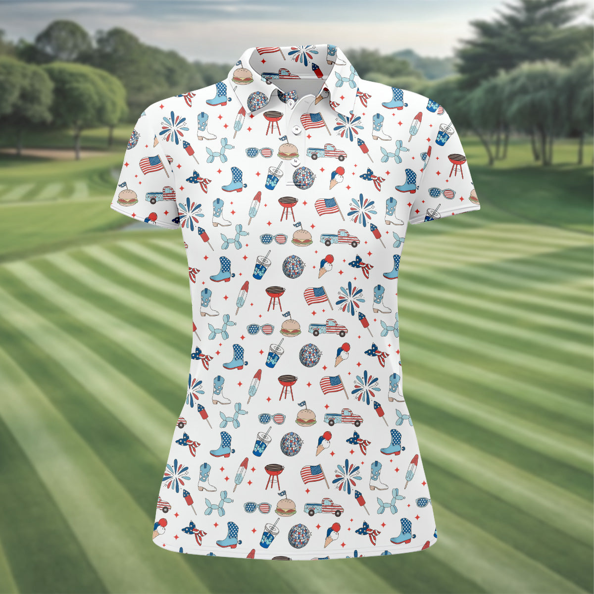 Red White and Blue Womens Golf Polo Shirt, Women's 4th Of July Shirts, America 250 Anniversary Shirt, Ladies Golf Shirt