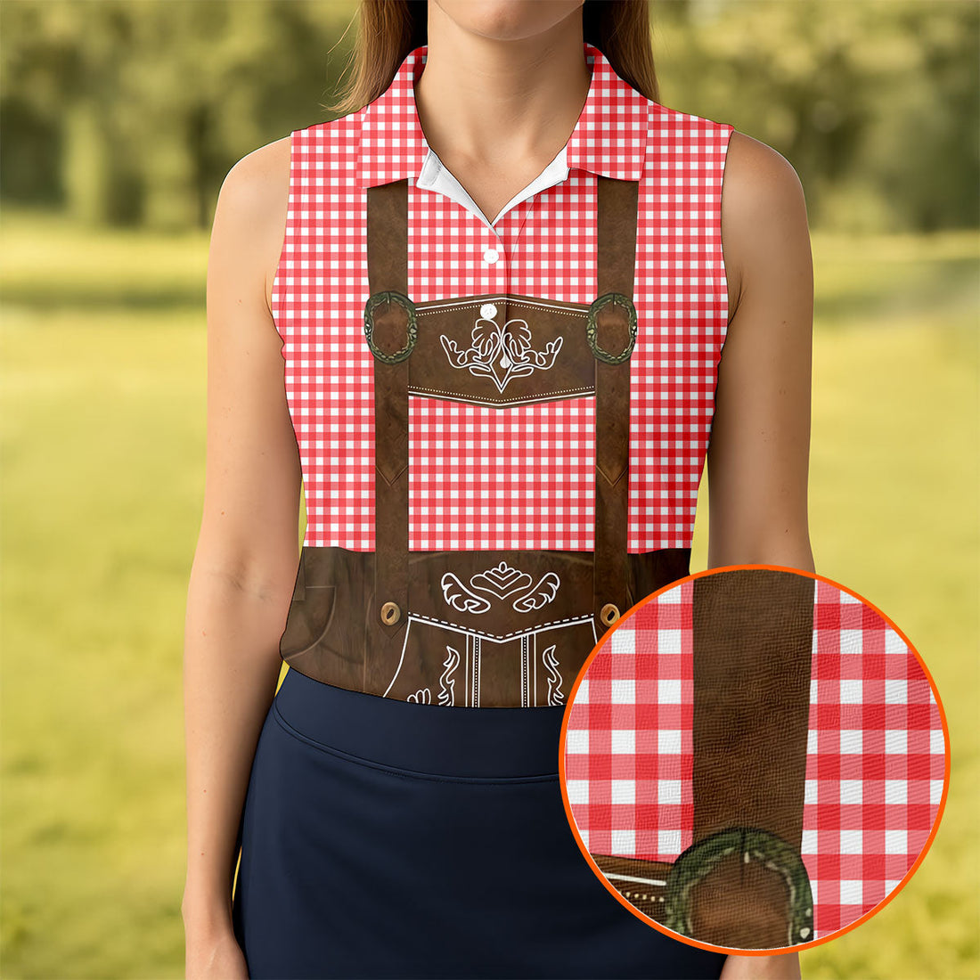 Women's Red Oktoberfest Lederhosen Illusion Sleeveless Golf Polo, Golf Shirts For Women, Women's Golf Apparel