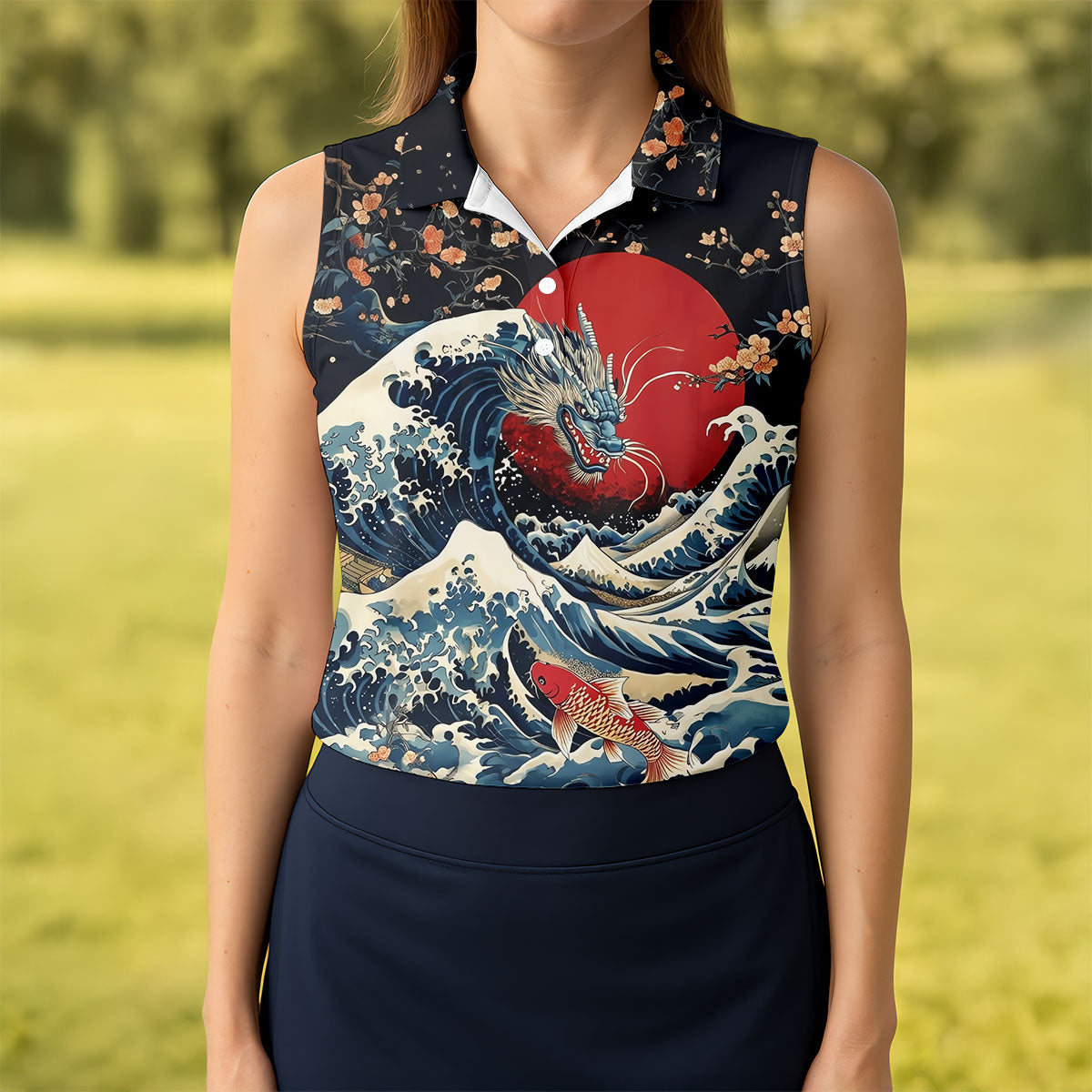 Japanese Dragon Koi Wave Hawaiian Golf Shirt, Golf Tops For Women, Women's Golf Polo