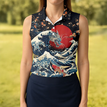 Japanese Dragon Koi Wave Hawaiian Golf Shirt, Golf Tops For Women, Women's Golf Polo
