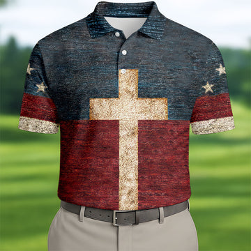 American Flag USA Faith Christian Cross Golf Shirt, Patriotic 4th Of July Golf Shirts For Men
