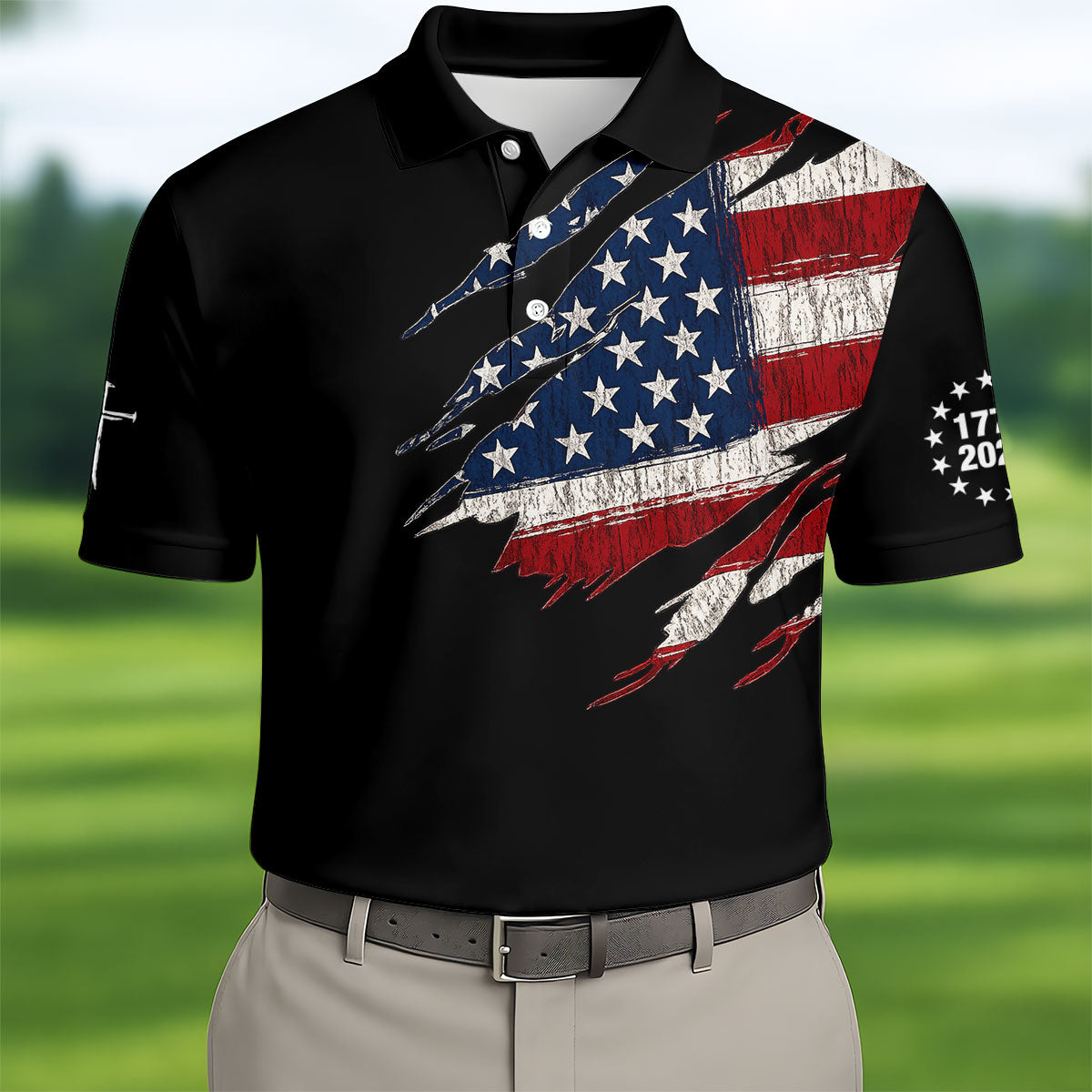 250th Anniversary Faith Cross Distressed USA Flag 4th Of July Golf Shirt, Patriotic Golf Shirt, Polo For Men