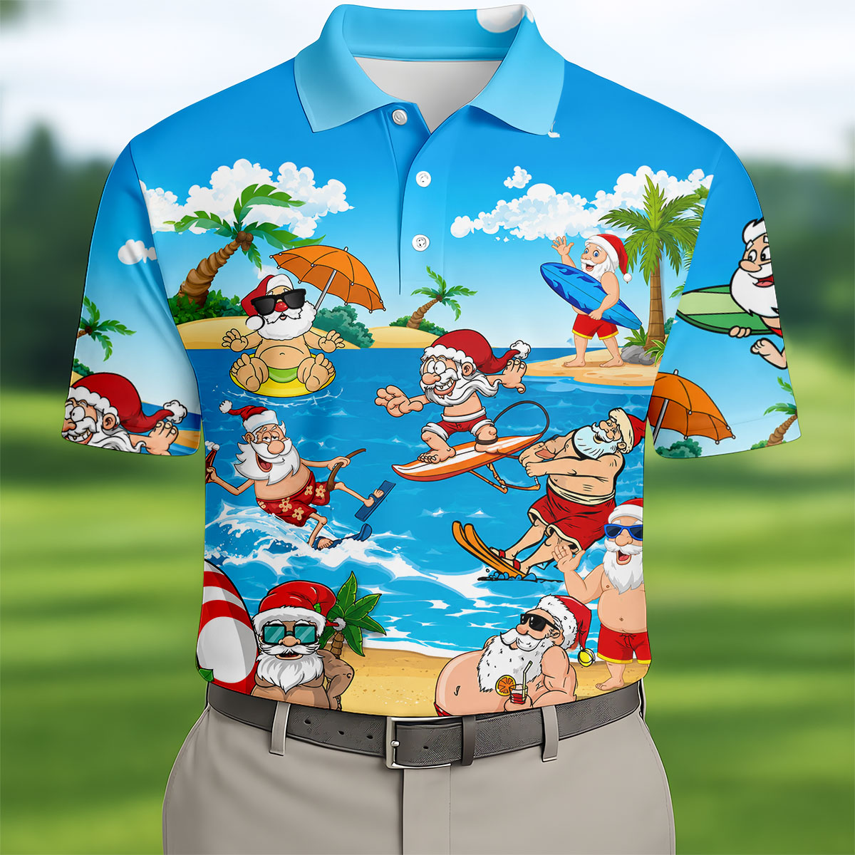 Santa Claus Surfing Summer Beach Party Golf Shirt, Xmas In July Mens Golf Polo, Christmas Golf Shirts
