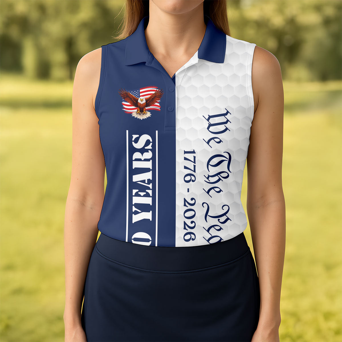 We The People Bald Eagle US Flag Golf Ball Pattern 250 Years Patriotic 4th Of July Golf Shirt For Women