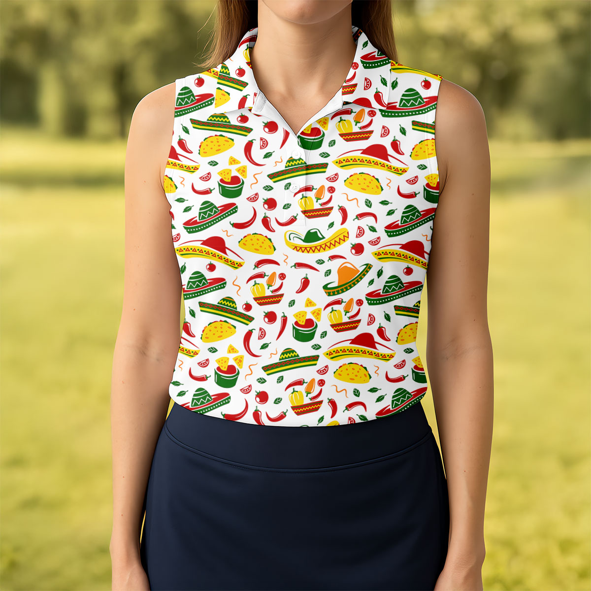 Mexican Fiesta Seamless Pattern Ladies Golf Tops, Cinco De Mayo Celebration Golf Shirt For Women