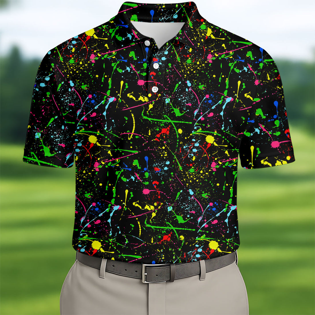 Black Neon Paint Splatter Golf Shirt, Men's Golf Shirt, Golf Apparel For Men