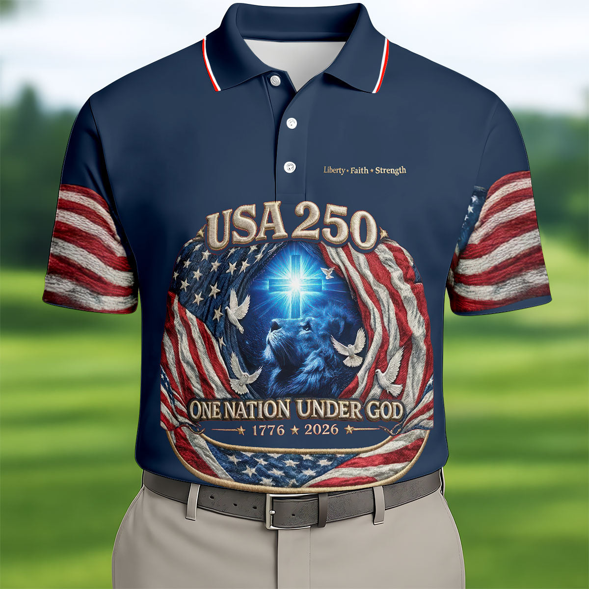 One Nation Under God Faith Cross USA 250 Navy Golf Shirt, 4th Of July Golf Shirts For Men