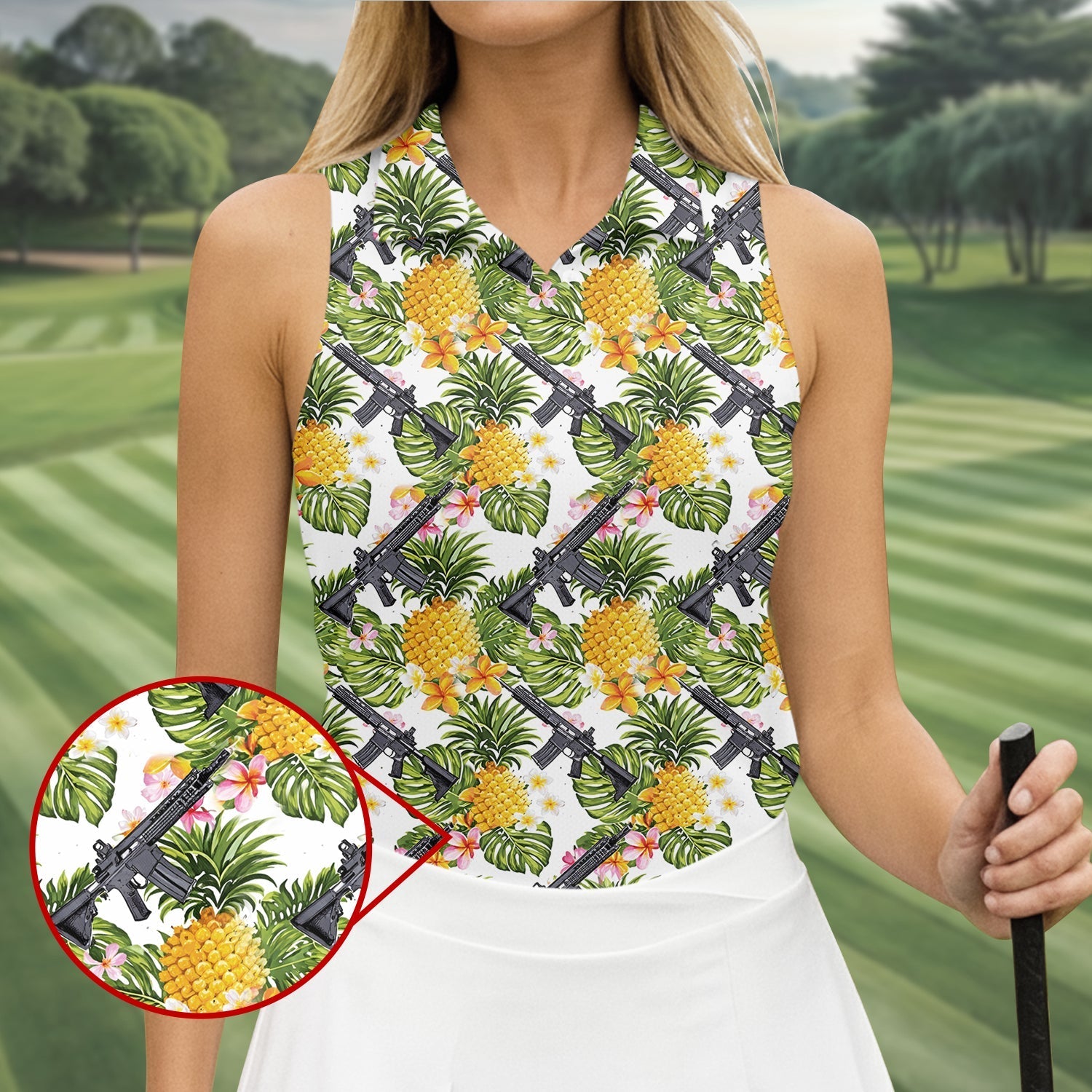 Tropical Pineapple Rifle Hawaiian Golf Shirt Pattern, Hawaiian Golf Shirt, Women’s Golf Apparel