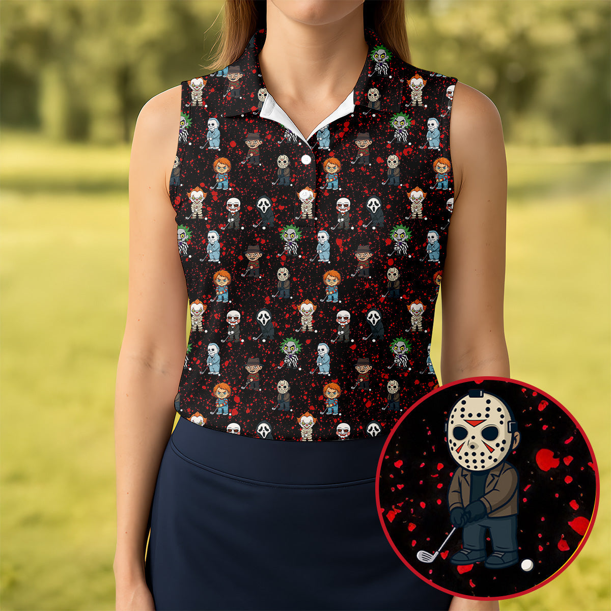 Black Horror Character Golf Polo Shirt, Women's Golf Polo, Ladies Golf Shirts