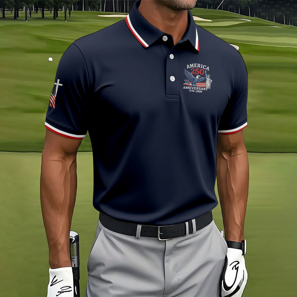 Faith Cross Bald Eagle America 250 Anniversary Navy Patriotic Golf Shirt, Golf Shirts For Men