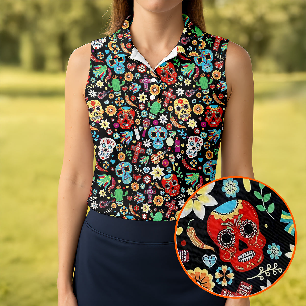 Skull With Flowers Cinco De Mayo Celebration Fiesta Themed Ladies Golf Tops, Golf Shirt For Women