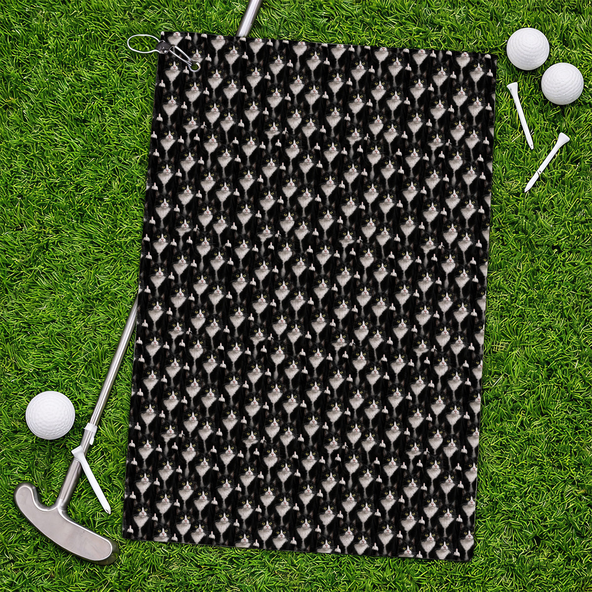 Funny Tuxedo Cat Golf Towels, Black White Cat Pattern Golf Towel, Crazy Cat Dad Golf Apparel