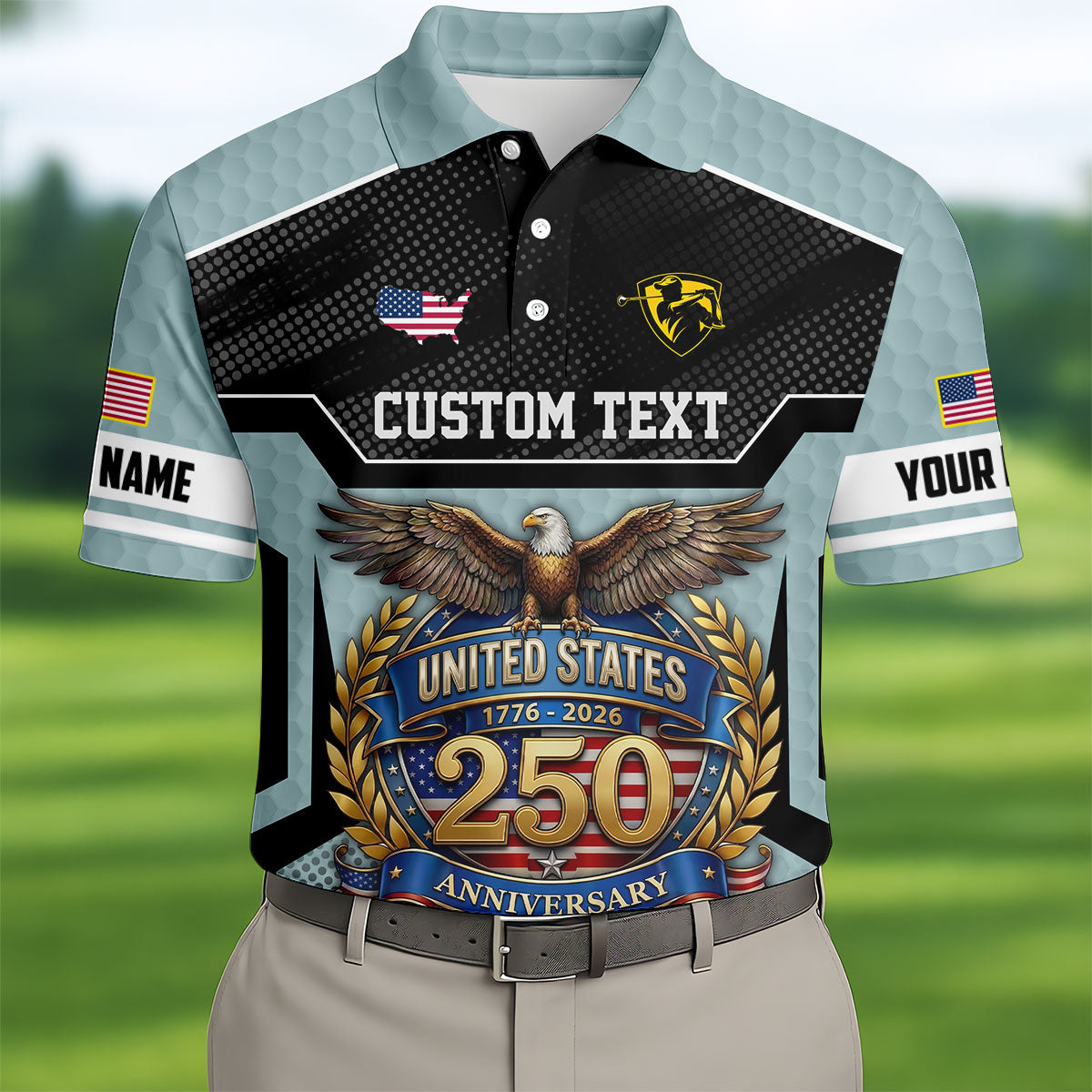 US 250 Anniversary Patriotic 4th Of July Blue Grey Golf Shirt, Polo Shirts For Men, Golf Shirts For Men