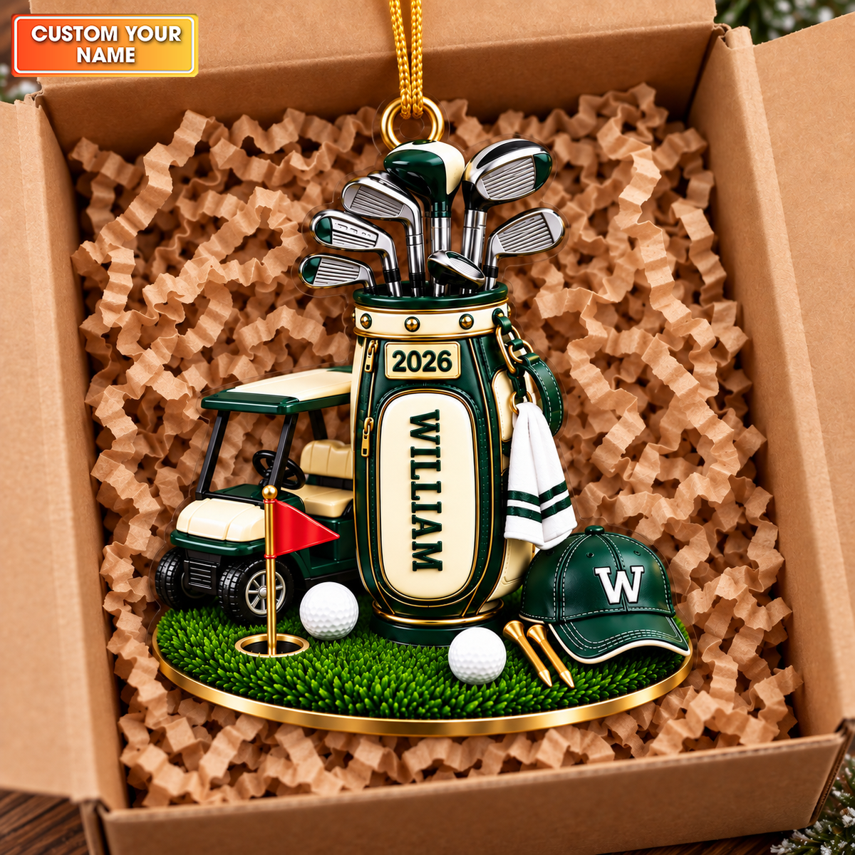 Custom Name Golf Bag Cart Acrylic Ornament, Golf Christmas Gifts, Holiday Decorations