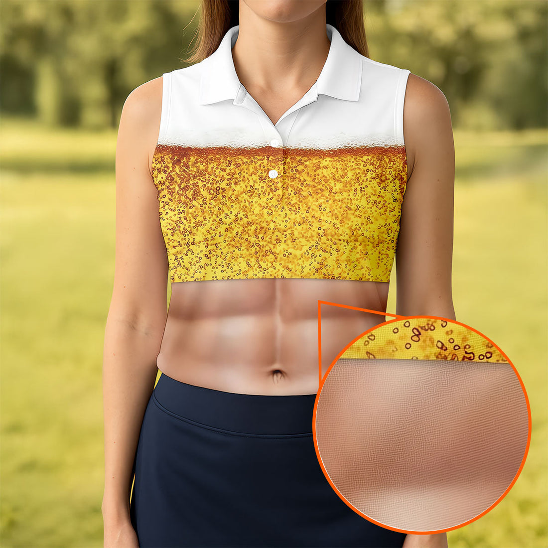 Bubbly Beer Foam Faux Abs Sleeveless Crop Golf Shirt, Golf Tops For Women, Ladies Golf Top