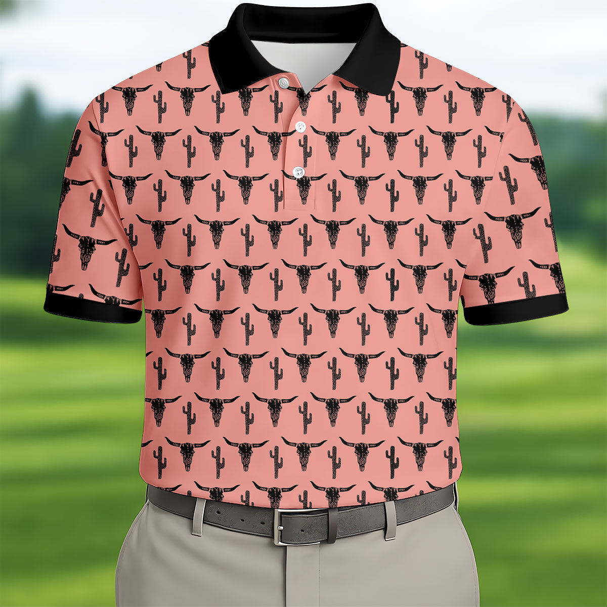 Longhorn Cow Skull Western Theme Peach Pink Golf Tops For Men, Polo Shirts For Men, Golf Shirts For Men