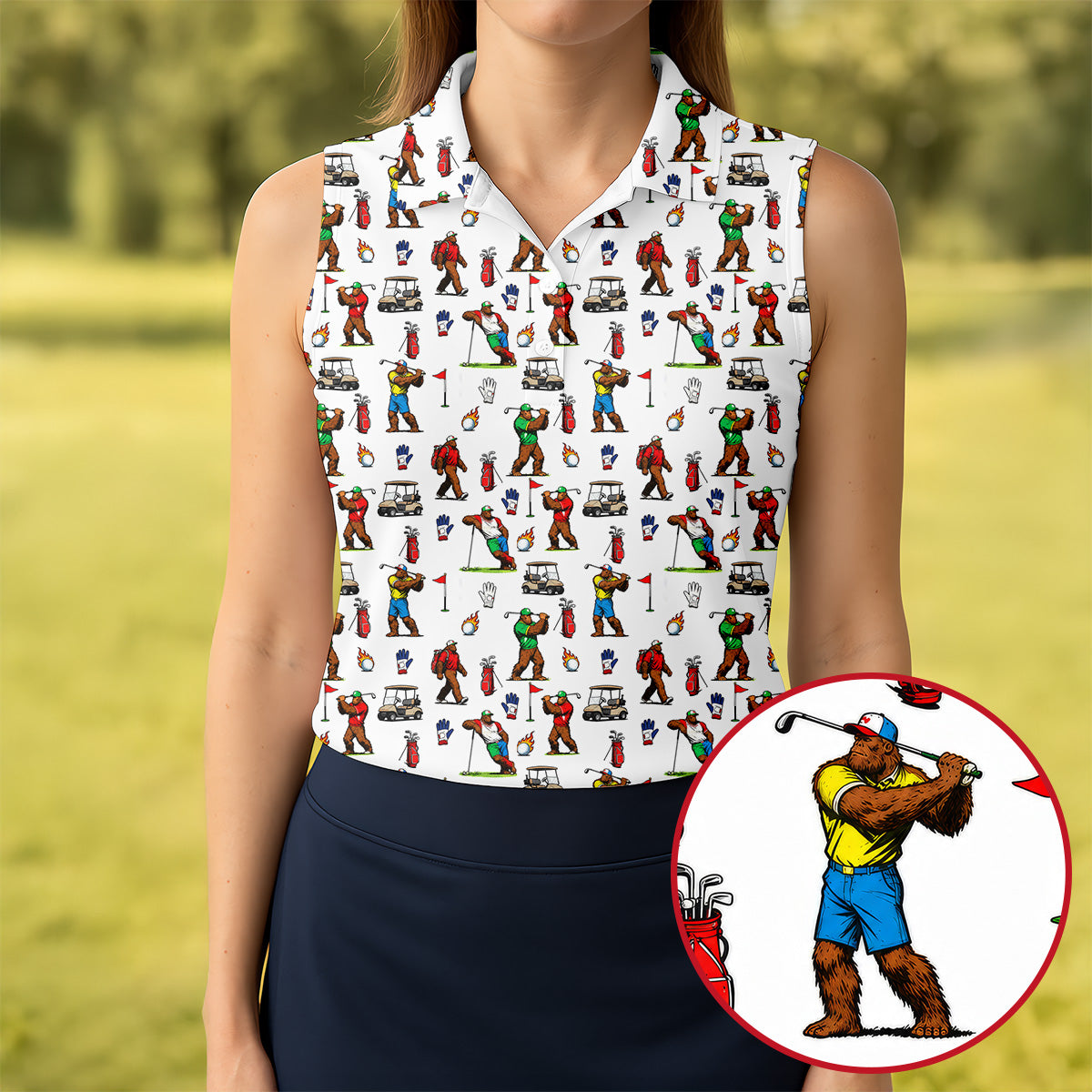 Bigfoot Golfer Pattern Women's Golf Tops, Golf Shirts For Women, Performance Golf Shirt